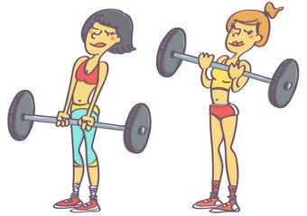 Cute vector cartoon set of two women exercising with weights, isolated