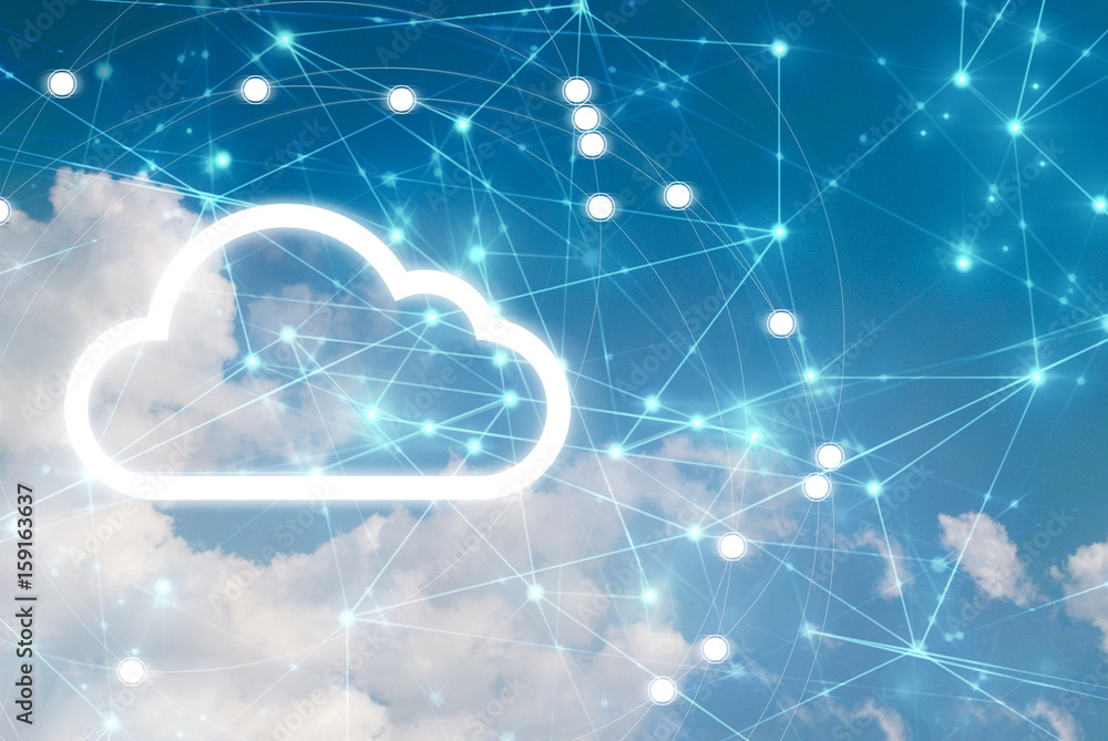 Poster cloud storage security information, data deep learning hologram ai technology robotic, futuristic cy