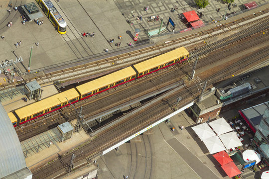 Aerial view of the S-Bahn tracks rapid train and tram train at the Alexanderplatz public square in Berlin