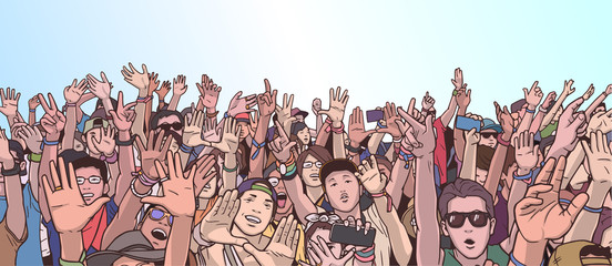 Illustration of festival crowd partying with raised hands