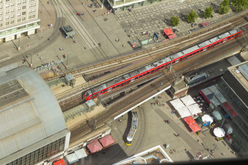 Aerial view of the S-Bahn tracks rapid train and tram train at the Alexanderplatz public square in...