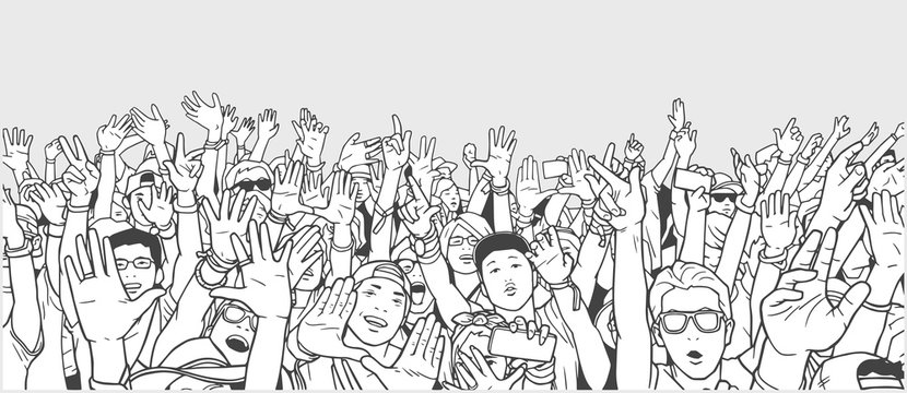 Illustration of festival crowd partying with raised hands