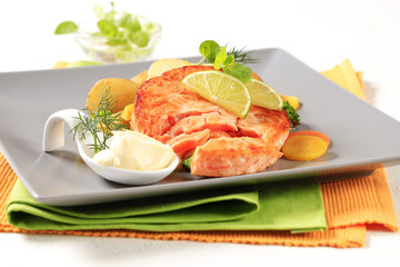 Pan fried salmon patty with mixed vegetables