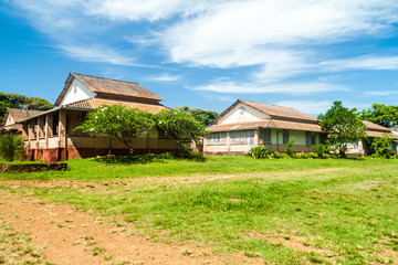 Buildings of former penal colony at Ile Royale, one of the islands of Iles du Salut (Islands of...