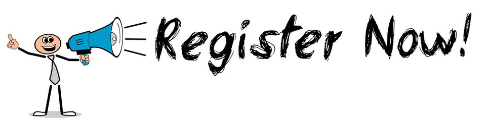 Register Now! / Mann mit Megafon