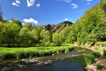 Obraz premium Oslava river. Beautiful landscape. Natural scenery with sky and clouds. Czech Republic, Europe.
