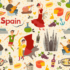 Spanish landmark pattern vector background. Hand draw backdrop with Spain icon. Cartoon abstract seamless pattern. Wallpaper with flamenco, guitar, bullfight and food