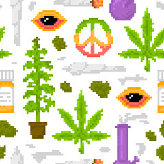 Pixel art game style medical marijuana objects weed seamless vector pattern white