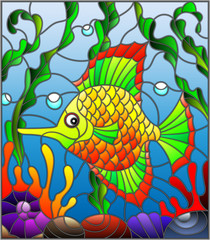 Illustration in stained glass style with abstract colorful exotic fish amid seaweed, coral and shells