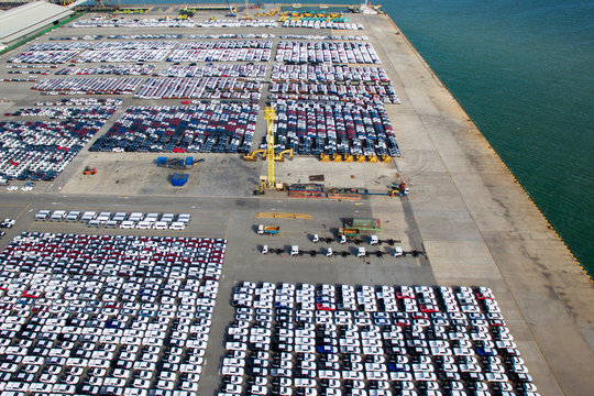 Aerial view of new car storage parking lot.