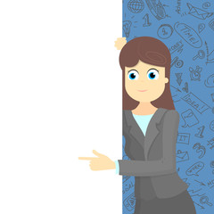 Business woman points on the white banner