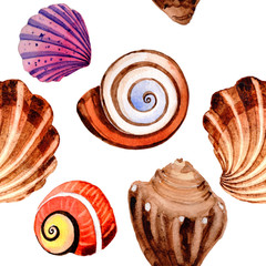 Watercolor summer beach seashell tropical elements pattern, underwater creatures.
