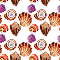 Watercolor summer beach seashell tropical elements pattern, underwater creatures.