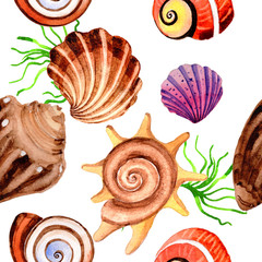Watercolor summer beach seashell tropical elements pattern, underwater creatures.