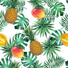 Seamless pattern with pineapple, mango, starfruit, carambola and leaves. Tropical, exotic, fashion. Watercolor, hand drawn - 159166899