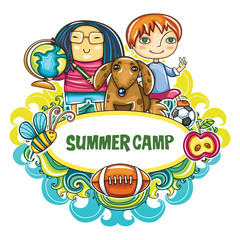 Colorful floral frame with little children and their pet dog, bee, football. Summer location on playground.  Template for advertising brochure, website banners, kids party invitation, summer art camp
