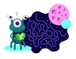 Help cute alien to find way to Pink Planet! Vector maze game.
