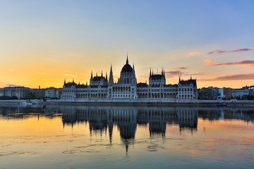 Parliament and riverside in Budapest Hungary during sunrise