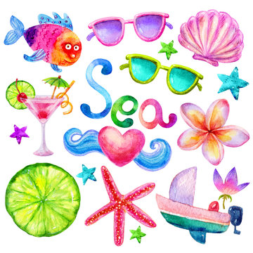 Hand drawn Cartoon Colorful sea set Watercolor illustration isolated on white background.Travel and adventures Shell, starfish,boat,motor,lime,fish,cocktail,heart,glasses,inscription sea,plumeria,ship