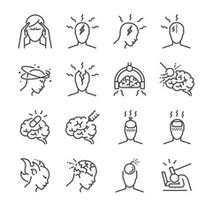 Headache line icon set. Included the icons as Tension headaches, Cluster headaches, Migraine, brain symptom and more.