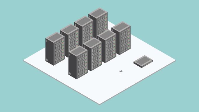 Datacenter server room. Isometric interior with rows of hardware server case cabinet motion graphic concept. Available in 4K FullHD and HD video render footage