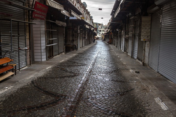 Empty rows of closed shops in the vicinity of the Grand Bazaar in the early morning of the weekend