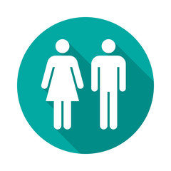 Man and woman circle icon with long shadow. Flat design style. Man and woman simple silhouette. Modern round icon in stylish colors. Web site page and mobile app design vector element.