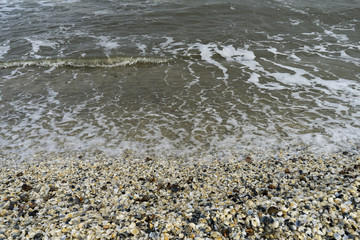 Landscape with sea view, waves and sea shells, clouds, photographed in Gura Portiţei, Romania, in cloudy spring day