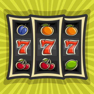 Vector poster for Slot Machine theme: gambling logo for online casino on background of rays of light, gamble game icon with jackpot bonus win - 777, on reel of slot machine classic fruit lucky symbols