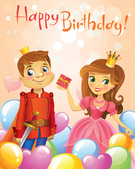 Obraz na płótnie Canvas Happy Birthday, Princess and Prince, greeting card.