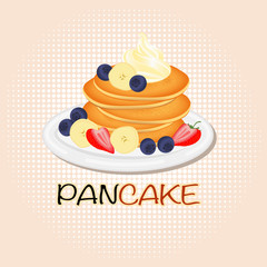 pancake with cream strawberry blueberry and banana split.sweet classic breakfast.vector illustration.