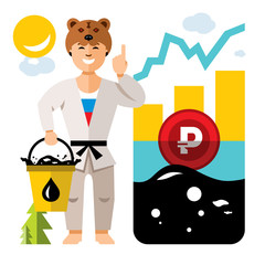 Vector Russian economy and Oil Industry. Floating exchange rate of the ruble. Flat style colorful Humor Cartoon illustration.