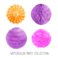 Set of watercolor party elements isolated on white background . Colorful paper decoration: rosette, pom pom, honeycomb pompom, lantern. Bright festive collection