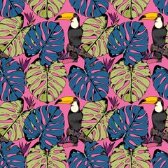 Fototapeta na wymiar Vector seamless pattern with tropical branches, leaves and birds. Hand drawing