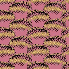Vector seamless pattern with tropical branches on a pink background. Hand drawing