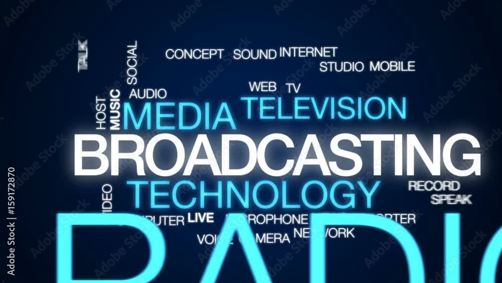 Poster broadcasting animated word cloud, text design animation.