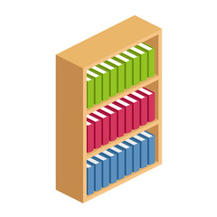 Bookshelves.hardwood bookcase with three shelves in isometric, shelving with colorful books in flat style, archive of books standing on shelves vector illustration isolated on white background