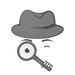 Detective in a hat with a magnifying glass. Spy. Snoop.