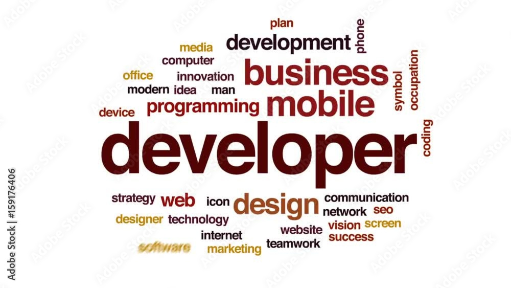 Aufkleber developer animated word cloud, text design animation.