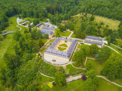Aerial view of ch&acirc;teau Kozel. Hunting castle in the classical style. Famous tourist attraction and wedding place near Pilsen, Czech republic, European union.