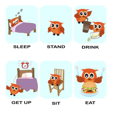 verb word vector background for preschool.verb set (sleep stand drink get up sit eat).vector illustration.