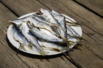 Gutted baltic herring on a plate on rustic wooden table
