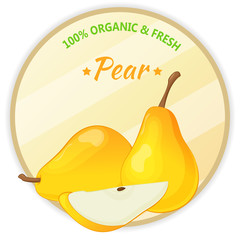 Vintage label with pear isolated on white background in cartoon style. Vector illustration. Fruit and Vegetables Collection.
