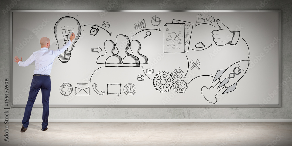 Poster businessman drawing a project sketch on a board 3d rendering