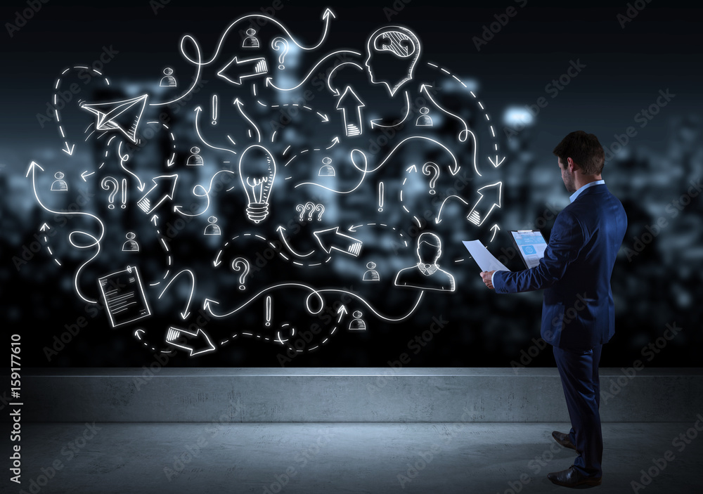 Poster businessman watching a project sketch on a rooftop 3d rendering