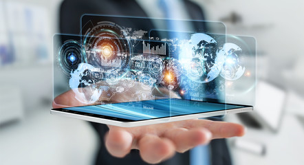 Hologram screen with digital datas used by businessman 3D rendering