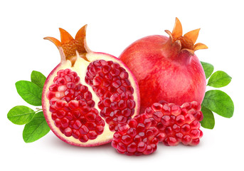 Pomegranate isolated. Group of pomegranates with leaves isolated on white background with clipping...