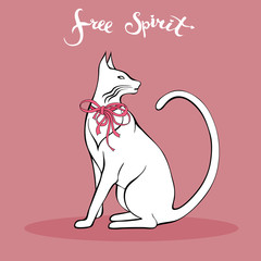 Cat With Bow And Free Spirit Lettering Illustration.