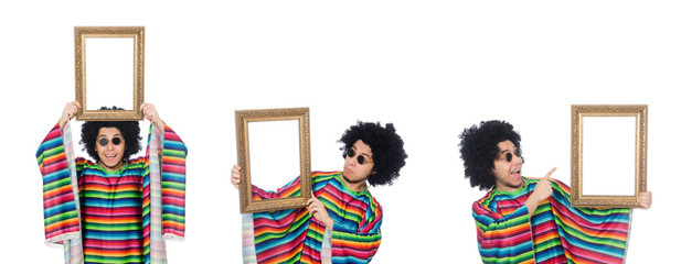 Fototapeta premium Funny mexican with photo frame isolated on white