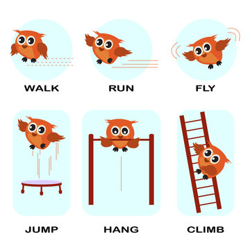verb word vector background for preschool.verb set (walk run fly jump hang climb).vector illustration.